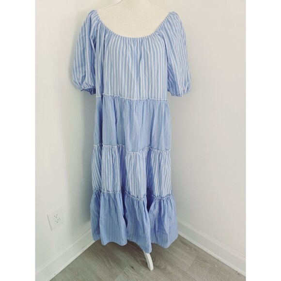 Fifteen Twenty Cotton Striped Blue White Tie Tiered Peasant Midi Cottage Dress L - Picture 12 of 13